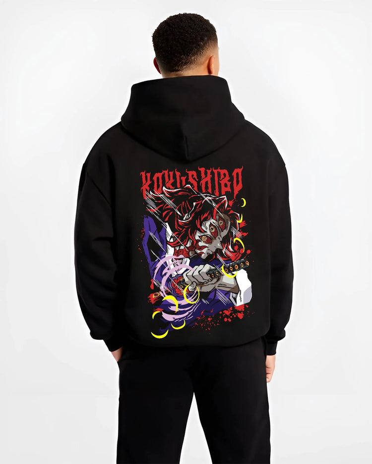 Black hoodie worn by male model, back view with Demon Slayer Hoodie Kokushibo Upper Moon Jumper graphic bold anime graphic.