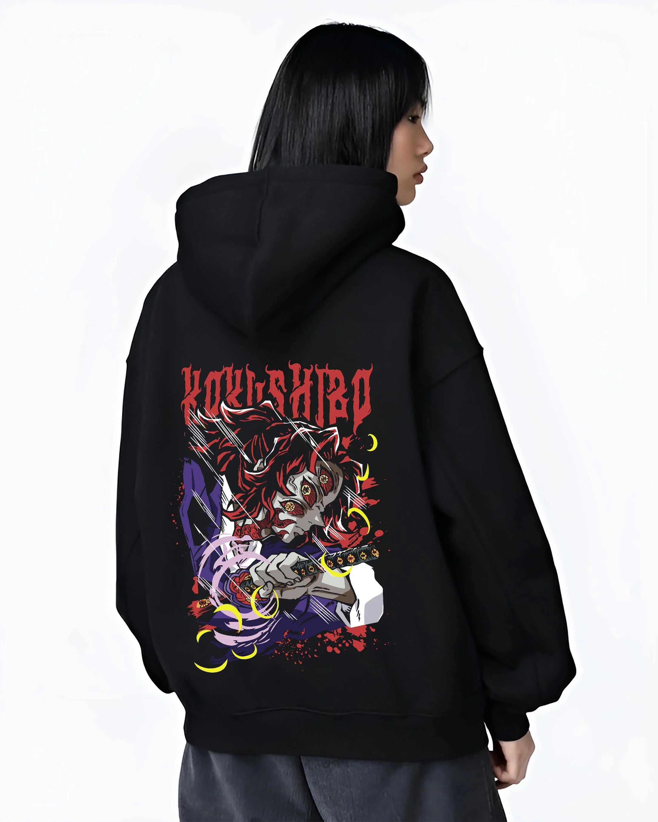 Black hoodie worn by female model, back view with Demon Slayer Hoodie Kokushibo Upper Moon Jumper graphic bold anime graphic.