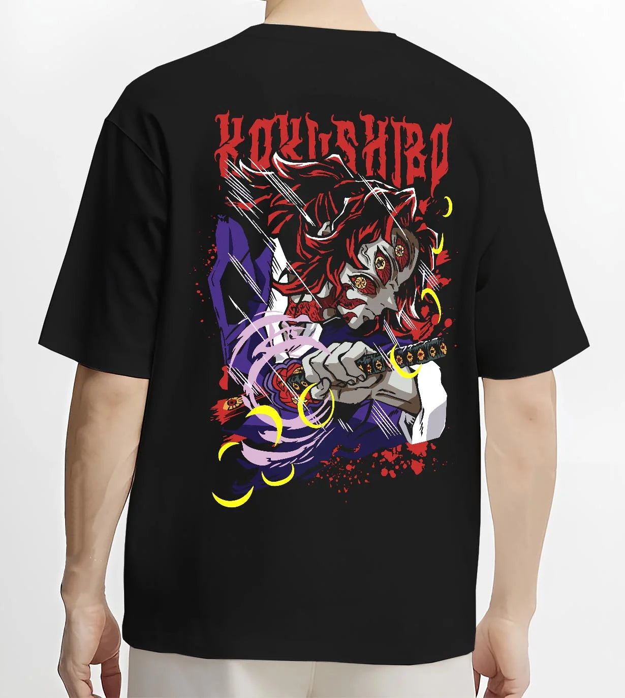 Black T-shirt worn by male model, back view with Demon Slayer Hoodie Kokushibo Upper Moon Jumper graphic premium wear.
