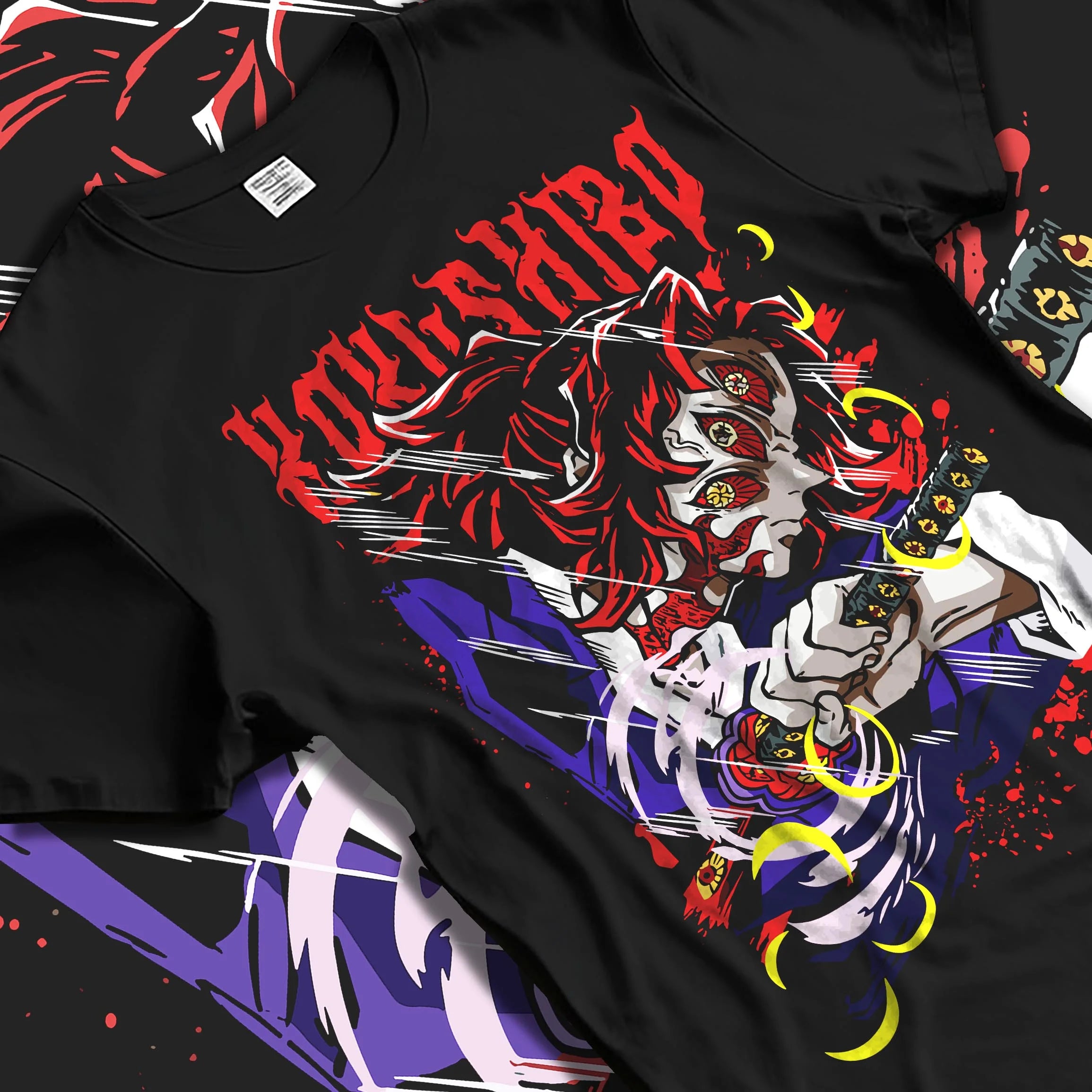 Black T-shirt laid flat with natural folds with Demon Slayer Hoodie Kokushibo Upper Moon Jumper graphic streetwear graphic.
