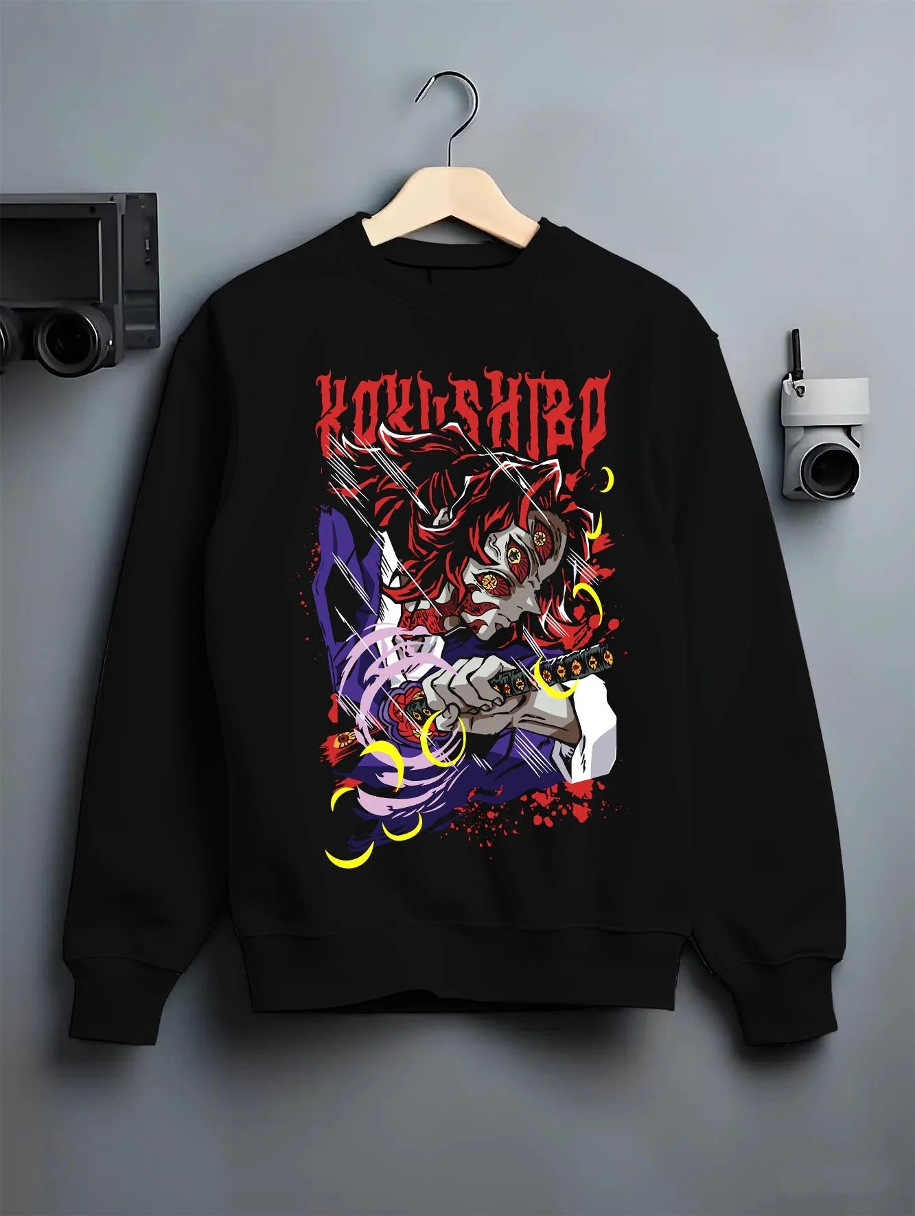 Black crewneck sweatshirt on hanger with Demon Slayer Hoodie Kokushibo Upper Moon Jumper graphic premium wear.