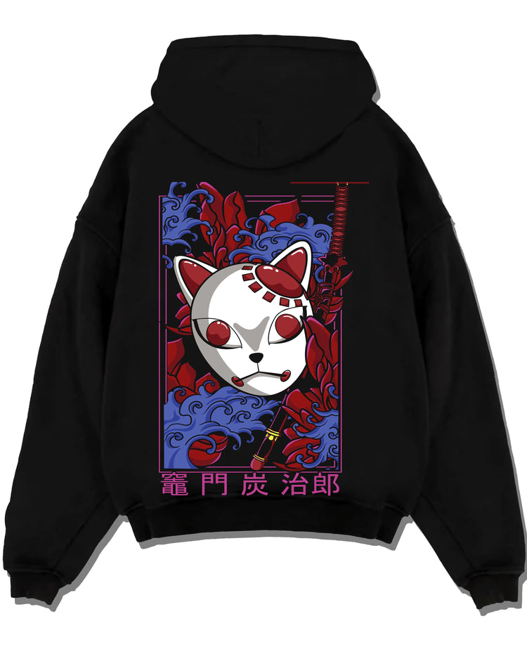 Black pullover hoodie laid flat with Demon Slayer Hoodie Hashira Training Group Roster graphic premium wear.