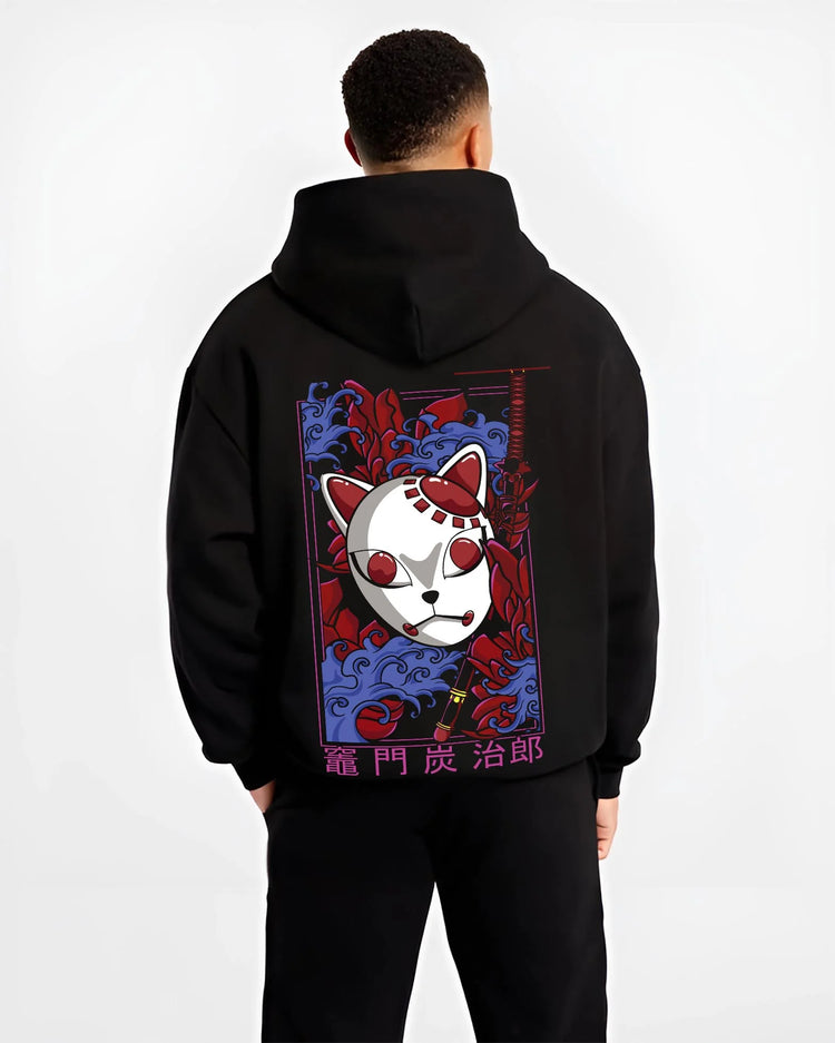 Black hoodie worn by male model, back view with Demon Slayer Hoodie Hashira Training Group Roster graphic nan anime design.
