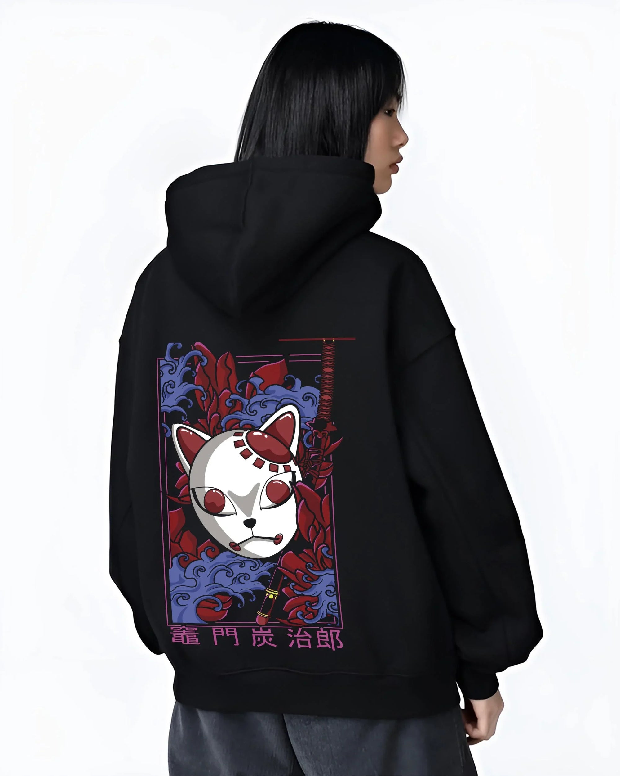 Black hoodie worn by female model, back view with Demon Slayer Hoodie Hashira Training Group Roster graphic nan themed artwork.