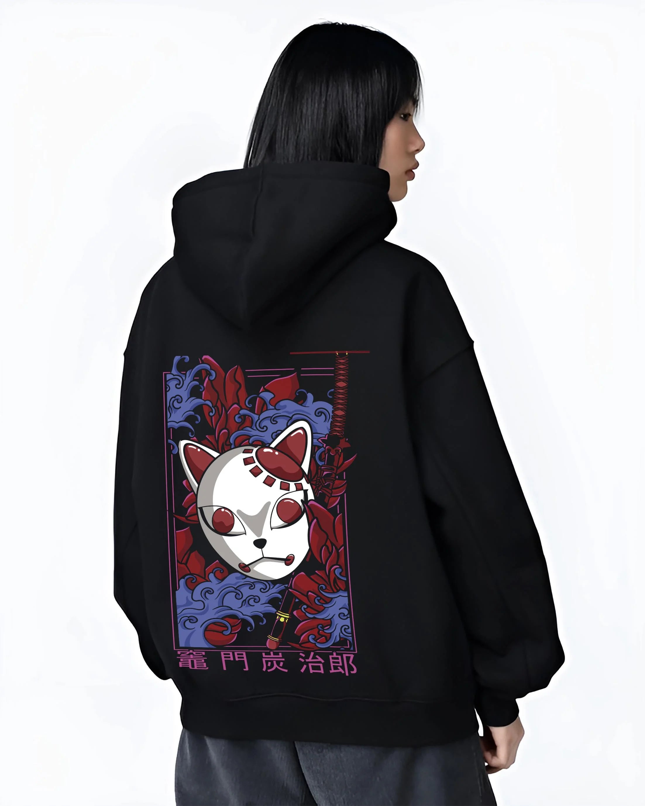 Black hoodie worn by female model, back view with Demon Slayer Hoodie Hashira Training Group Roster graphic nan themed artwork.