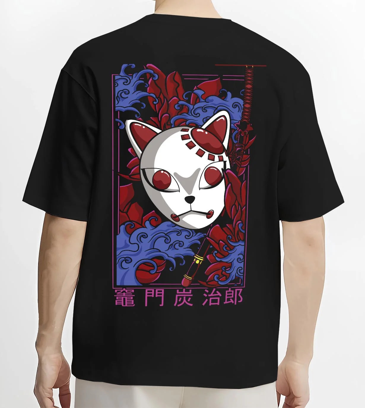 Black T-shirt worn by male model, back view with Demon Slayer Hoodie Hashira Training Group Roster graphic bold anime graphic.