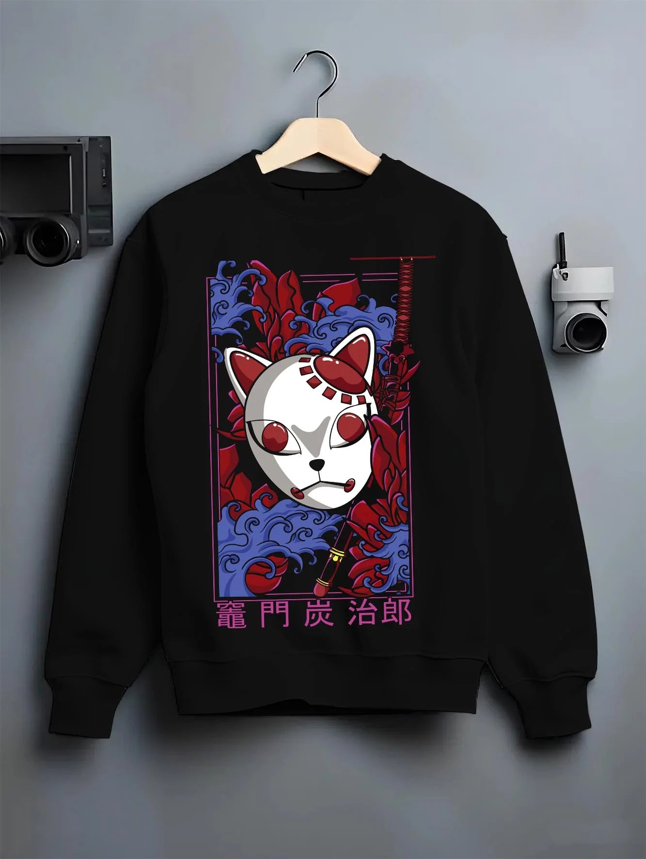 Black crewneck sweatshirt on hanger with Demon Slayer Hoodie Hashira Training Group Roster graphic bold anime graphic.