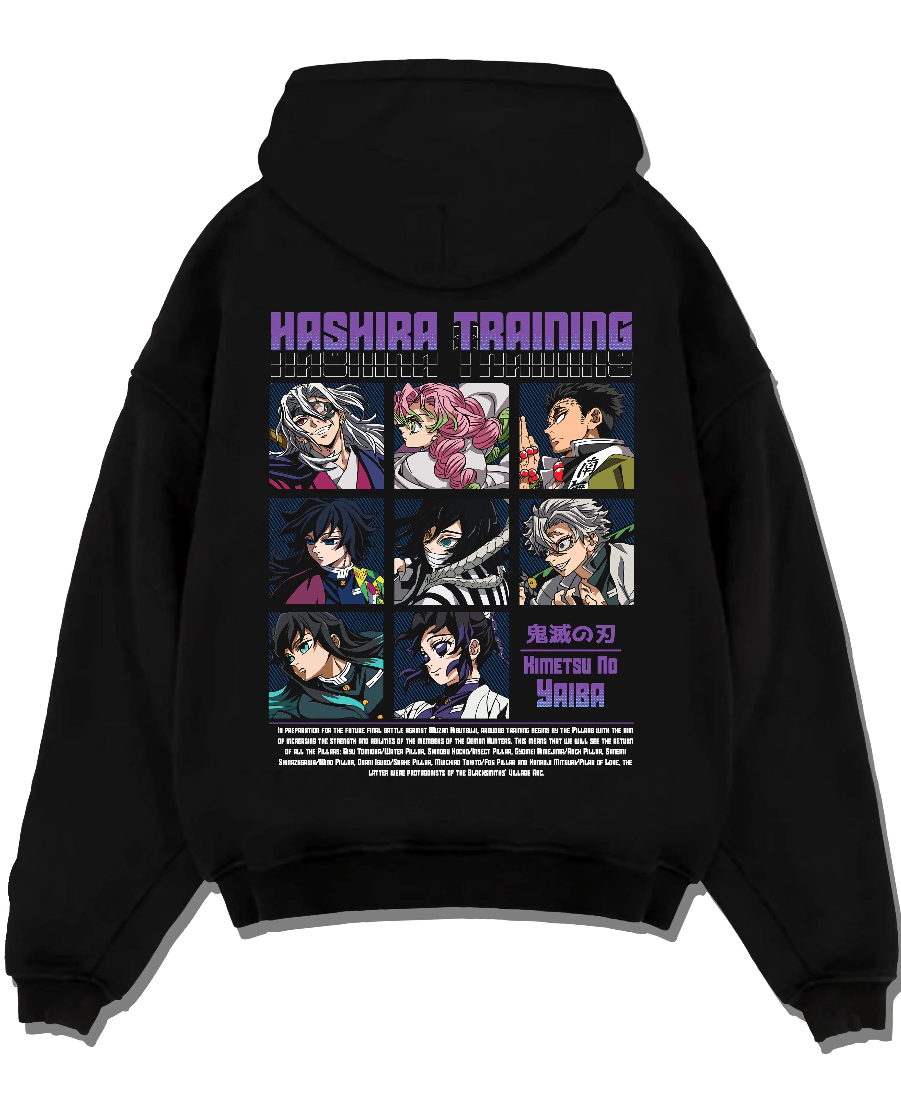 Black pullover hoodie laid flat with Demon Slayer Hoodie Hashira Training Corps Poster graphic premium wear.