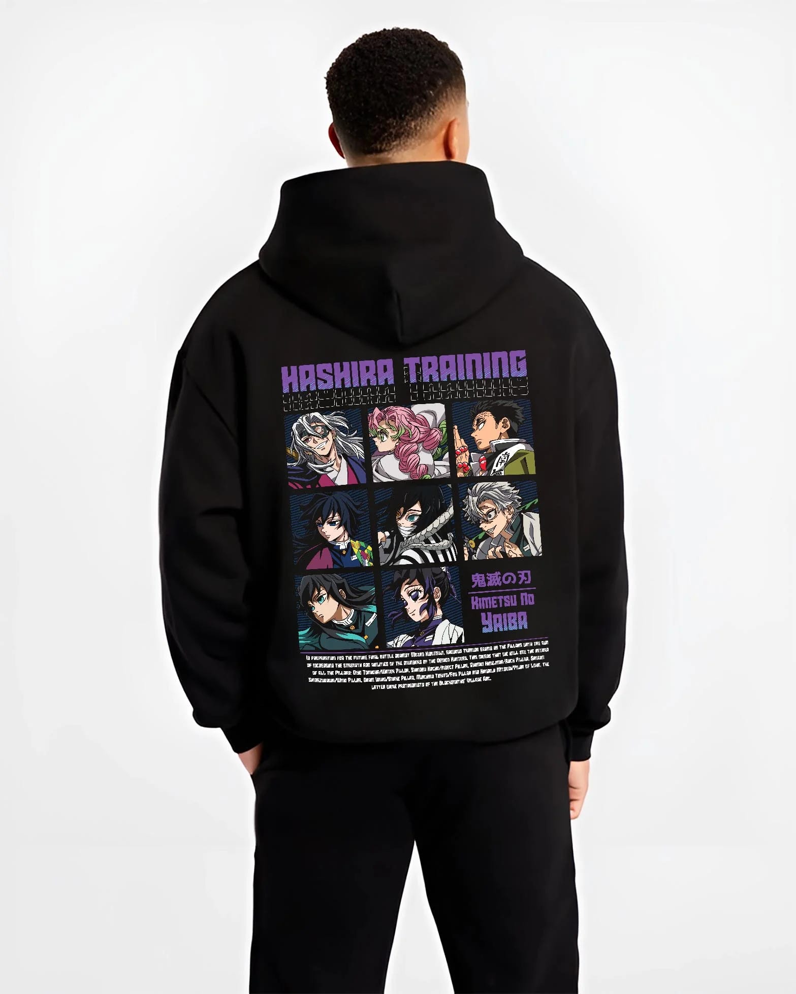 Black hoodie worn by male model, back view with Demon Slayer Hoodie Hashira Training Corps Poster graphic bold anime graphic.