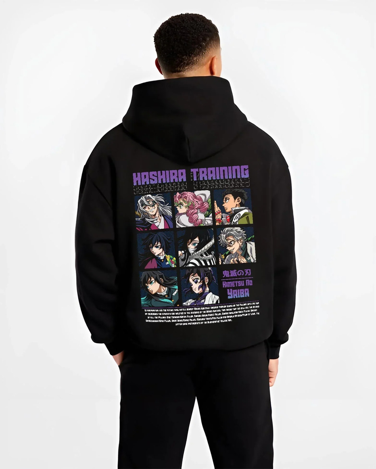 Black hoodie worn by male model, back view with Demon Slayer Hoodie Hashira Training Corps Poster graphic bold anime graphic.
