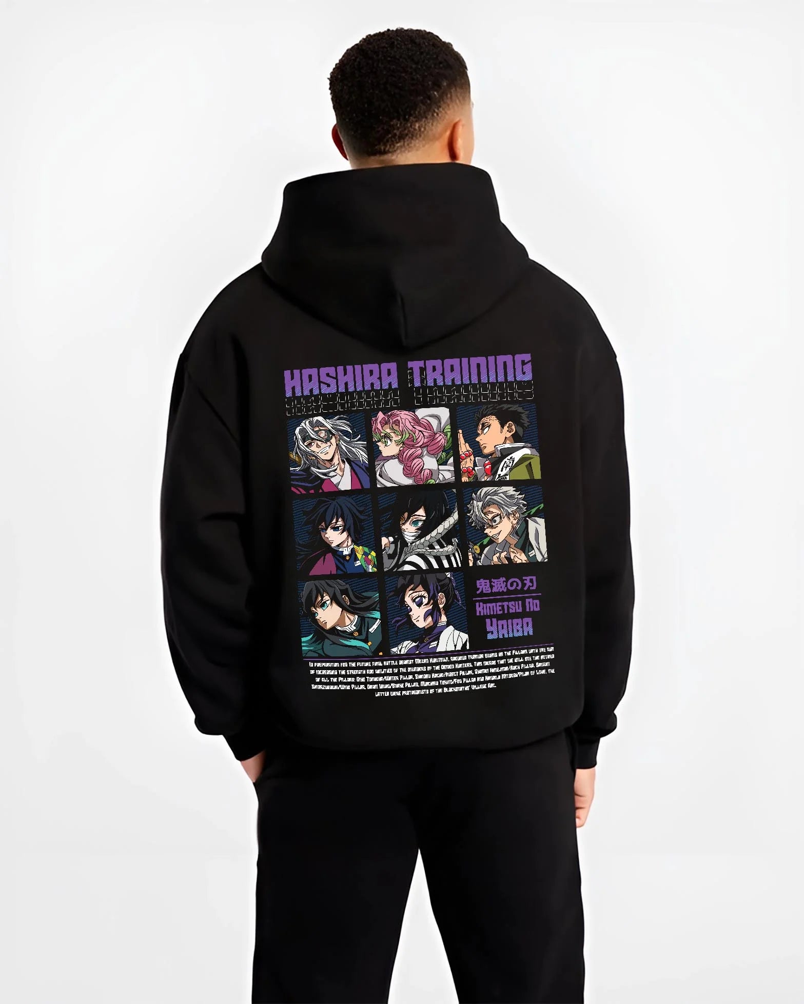 Black hoodie worn by male model, back view with Demon Slayer Hoodie Hashira Training Corps Poster graphic bold anime graphic.