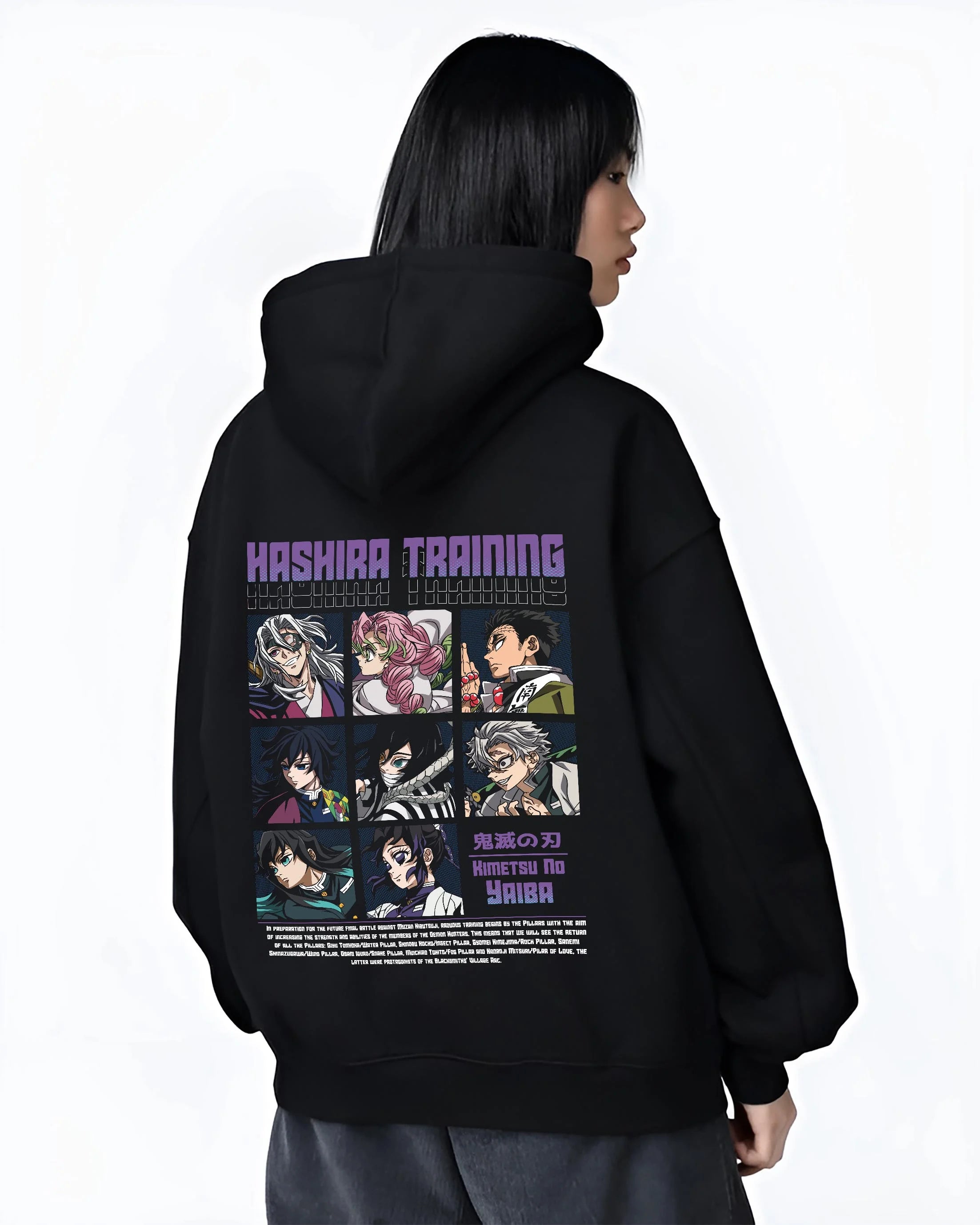 Black hoodie worn by female model, back view with Demon Slayer Hoodie Hashira Training Corps Poster graphic nan anime design.