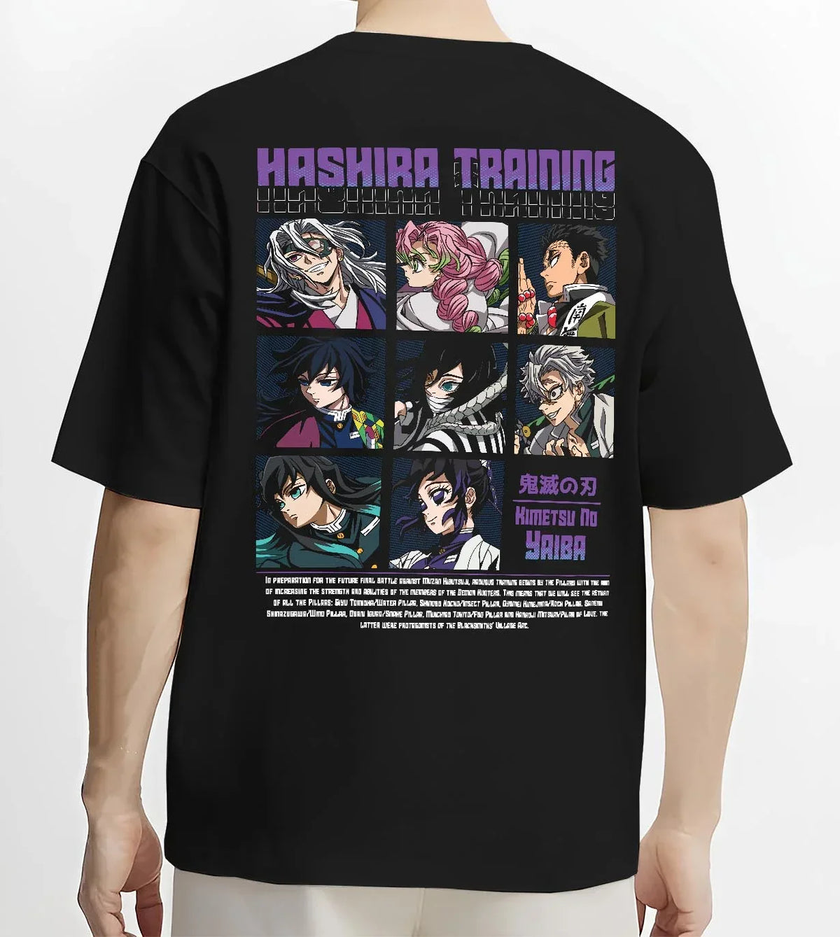Black T-shirt worn by male model, back view with Demon Slayer Hoodie Hashira Training Corps Poster graphic bold anime graphic.