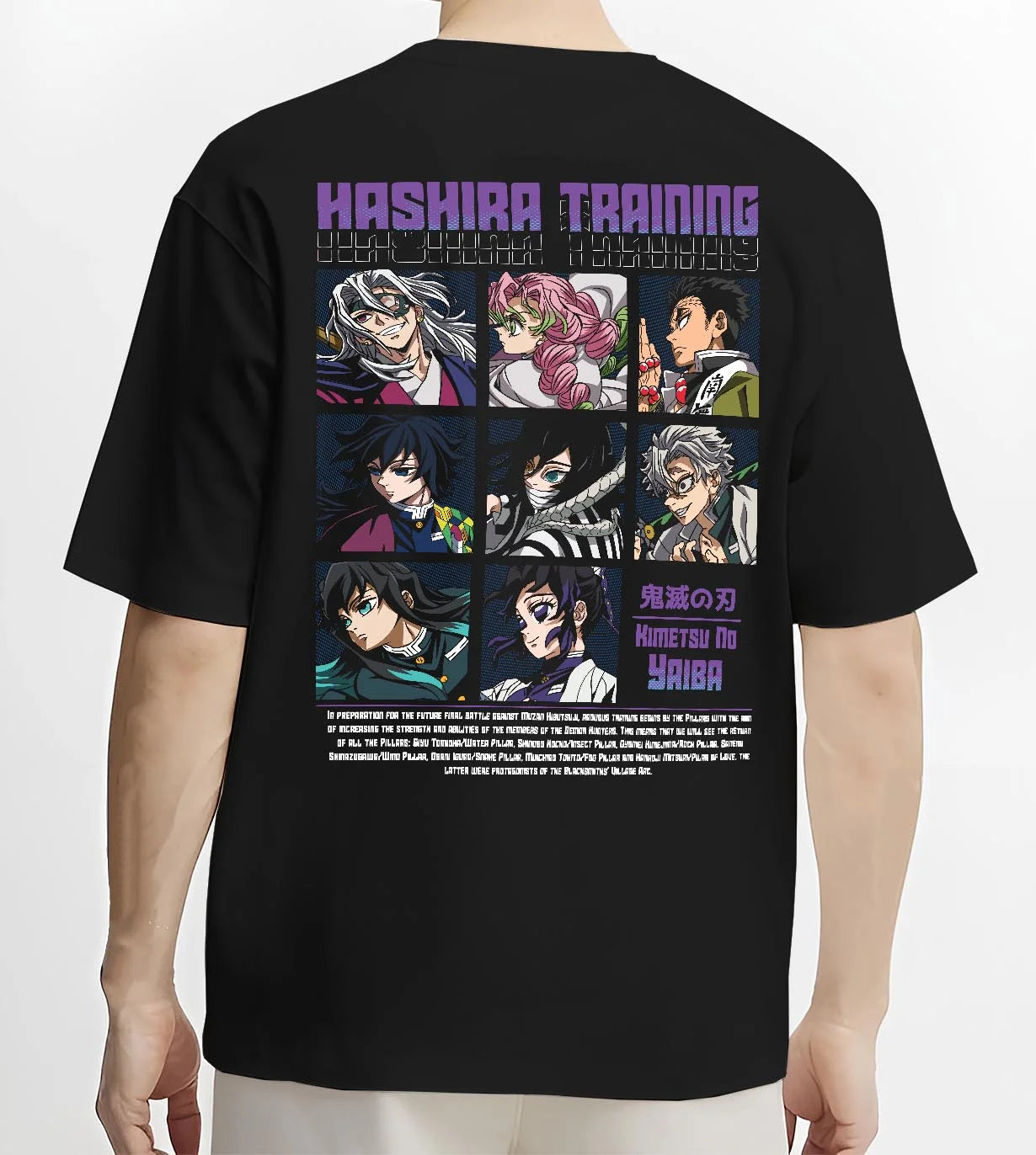 Black T-shirt worn by male model, back view with Demon Slayer Hoodie Hashira Training Corps Poster graphic bold anime graphic.