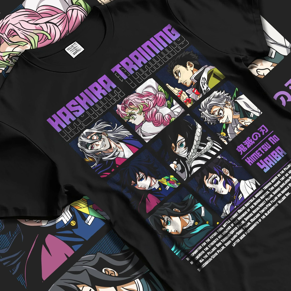 Black T-shirt laid flat with natural folds with Demon Slayer Hoodie Hashira Training Corps Poster graphic streetwear graphic.