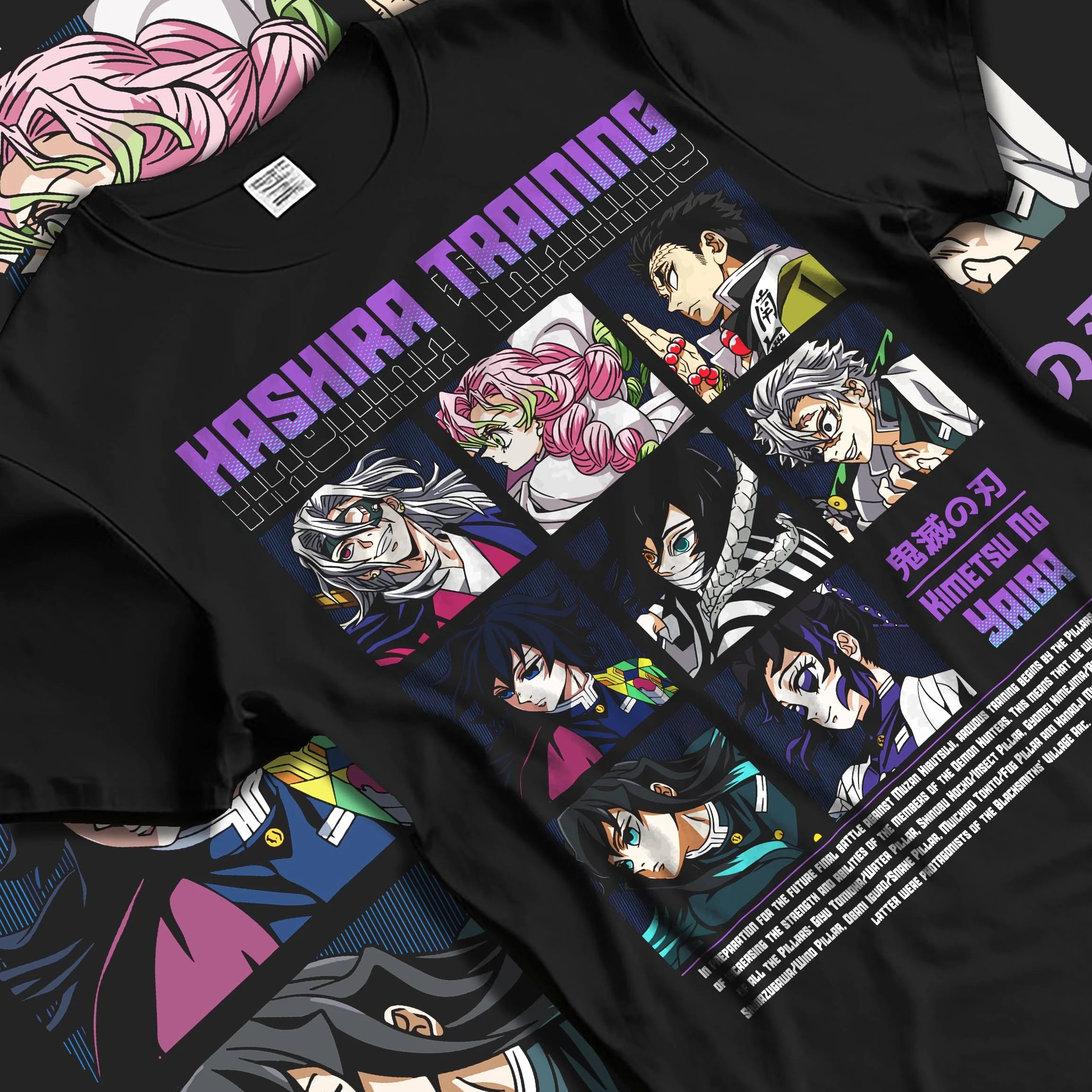 Black T-shirt laid flat with natural folds with Demon Slayer Hoodie Hashira Training Corps Poster graphic streetwear graphic.