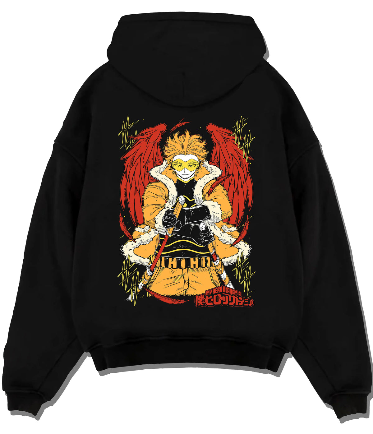 Black hoodie flat back view showing Keigo Takami / Hawks from My Hero Academia: winged hero in yellow jacket