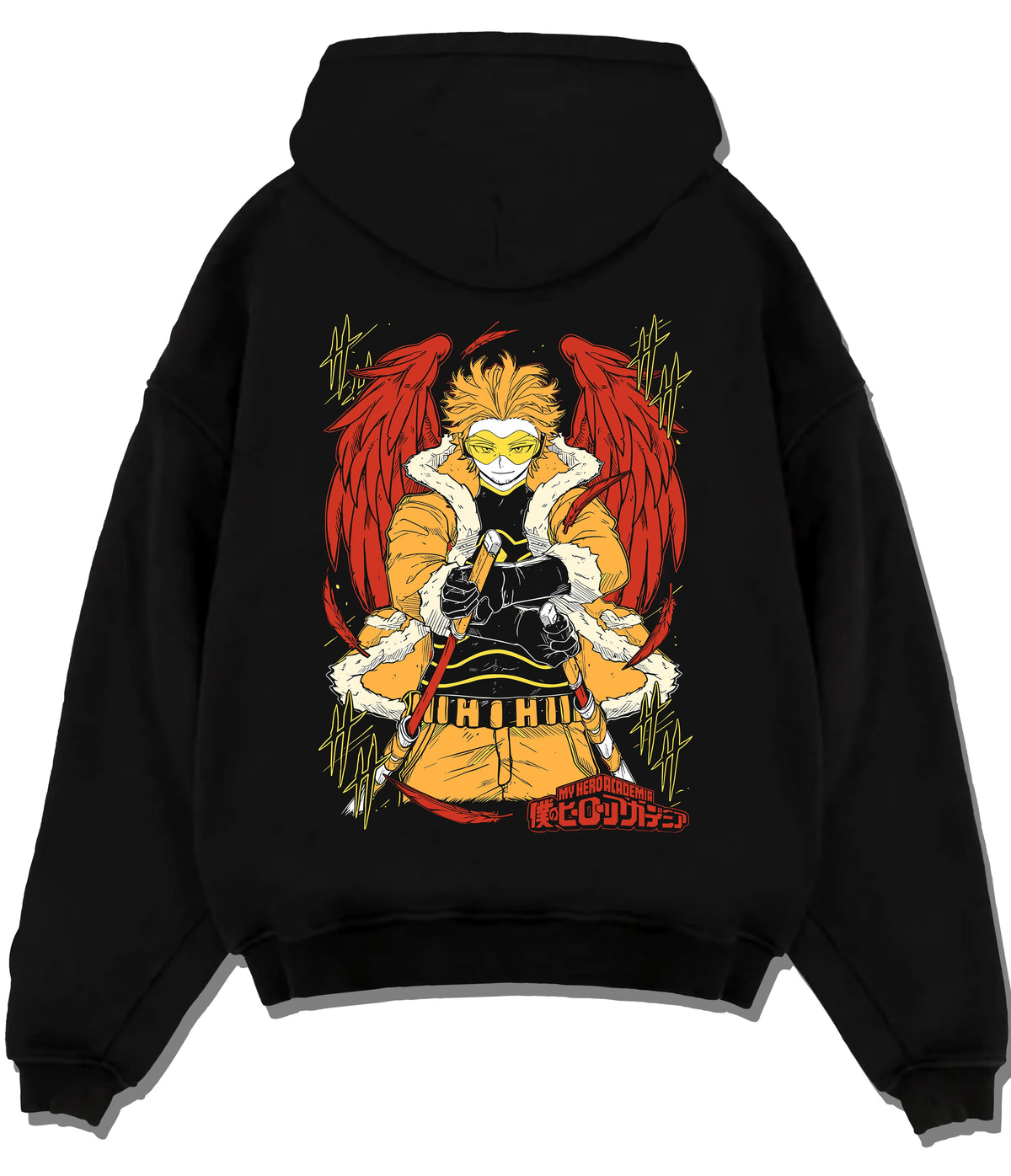 Black hoodie flat back view showing Keigo Takami / Hawks from My Hero Academia: winged hero in yellow jacket