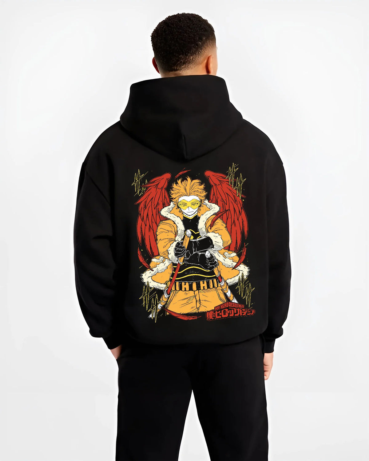 Black hoodie model back view showing Keigo Takami / Hawks from My Hero Academia: winged hero in yellow jacket