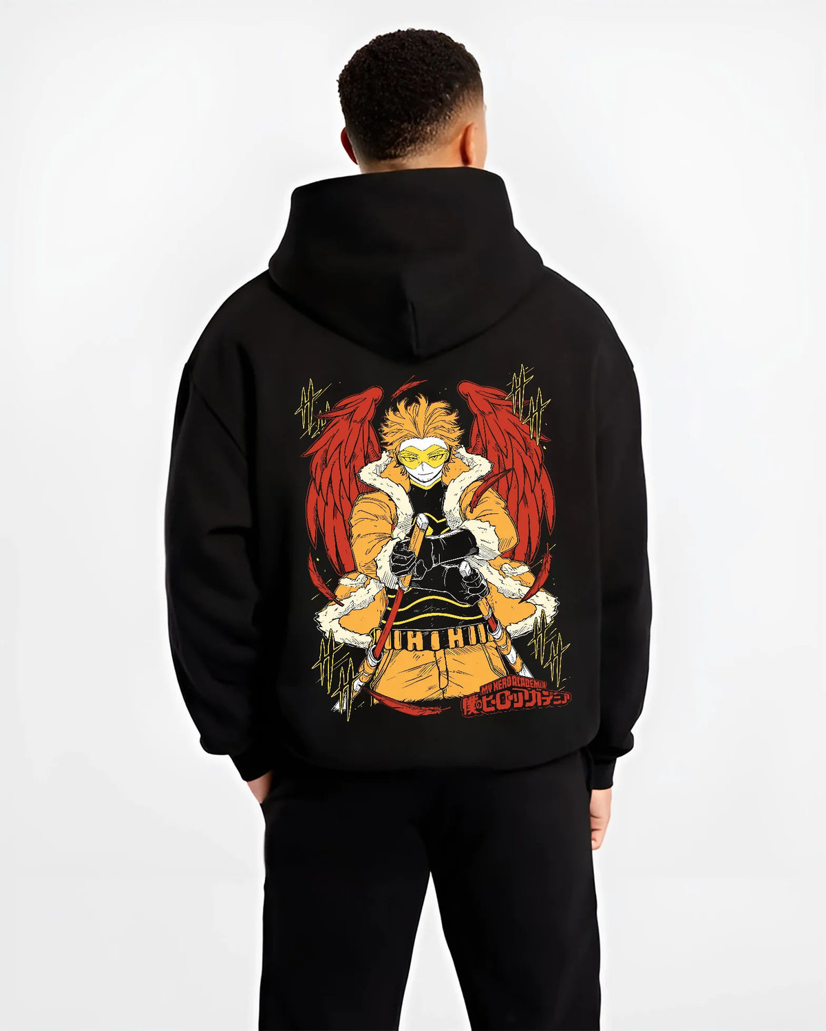 Black hoodie model back view showing Keigo Takami / Hawks from My Hero Academia: winged hero in yellow jacket