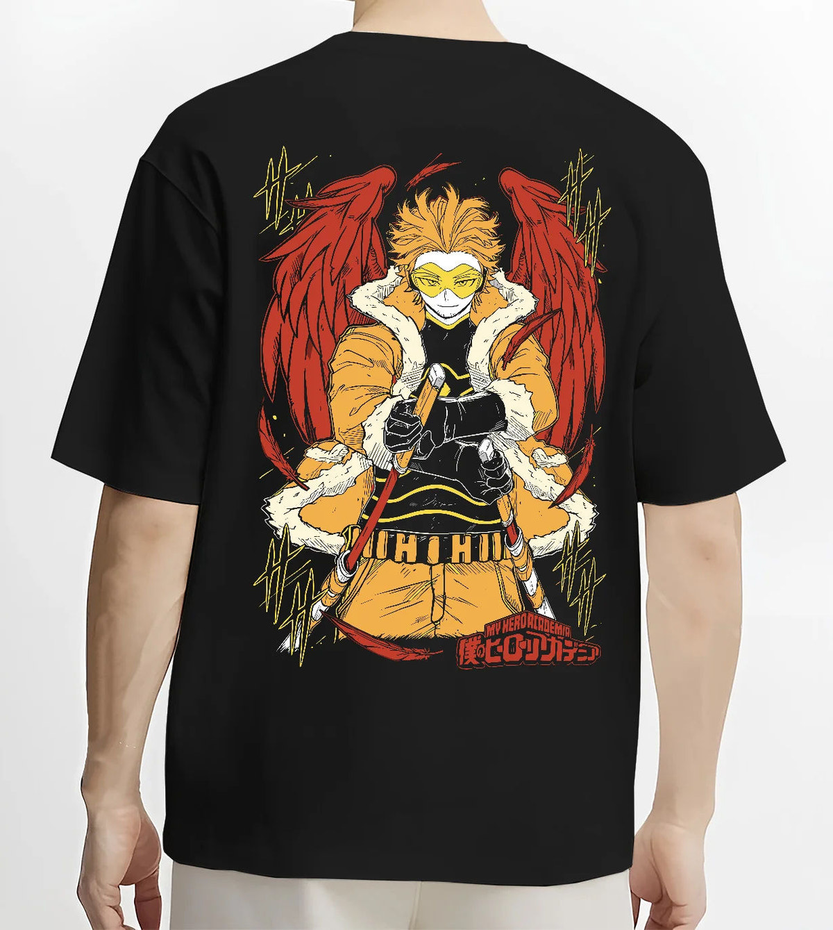 Black T-shirt model back view showing Keigo Takami / Hawks from My Hero Academia: winged hero in yellow jacket