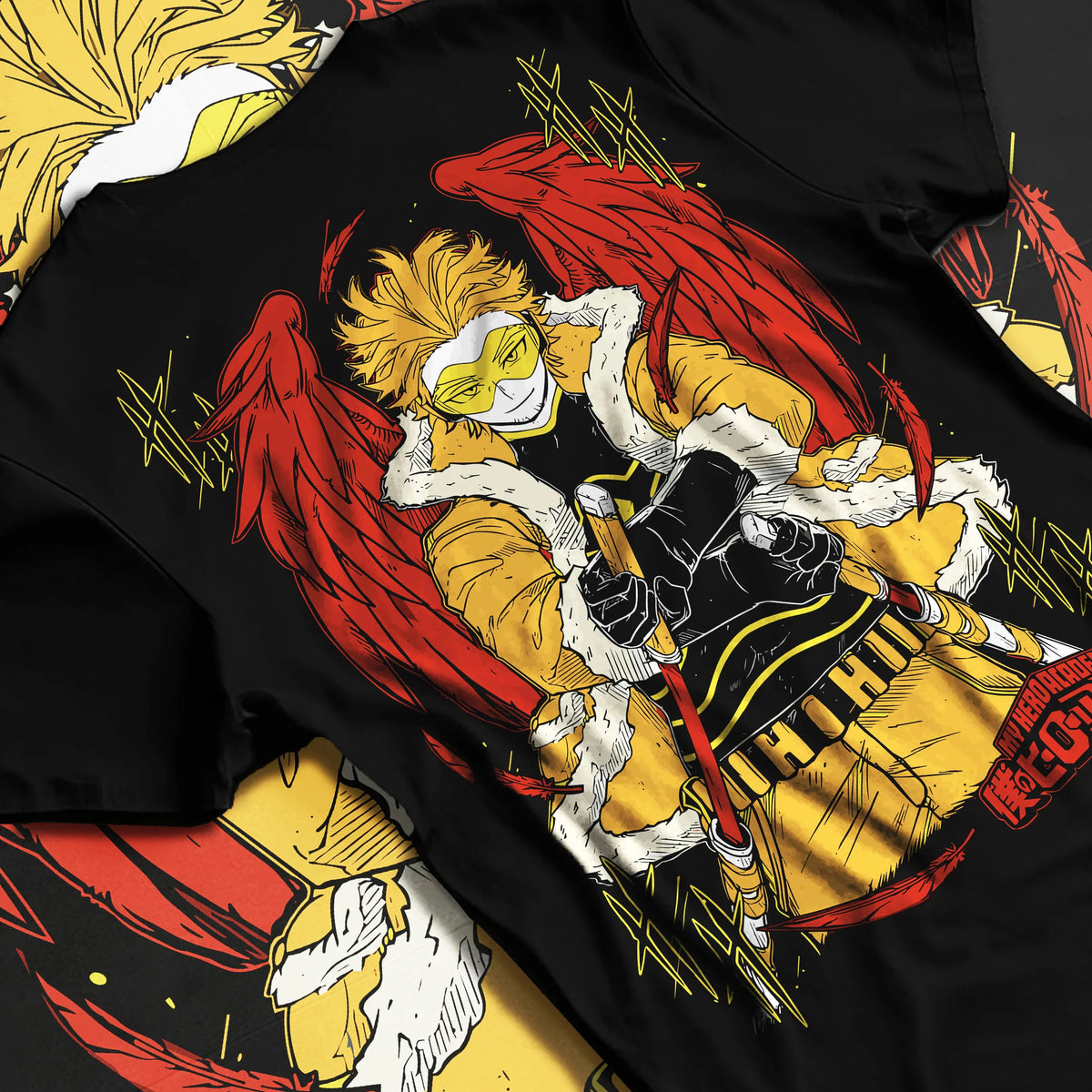 Black T-shirt flat back view showing Keigo Takami / Hawks from My Hero Academia: winged hero in yellow jacket