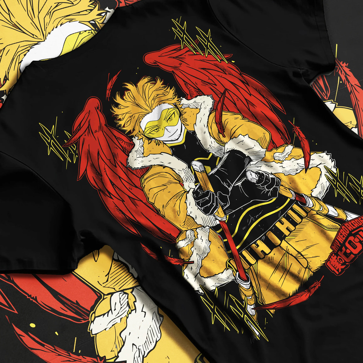 Black T-shirt flat back view showing Keigo Takami / Hawks from My Hero Academia: winged hero in yellow jacket
