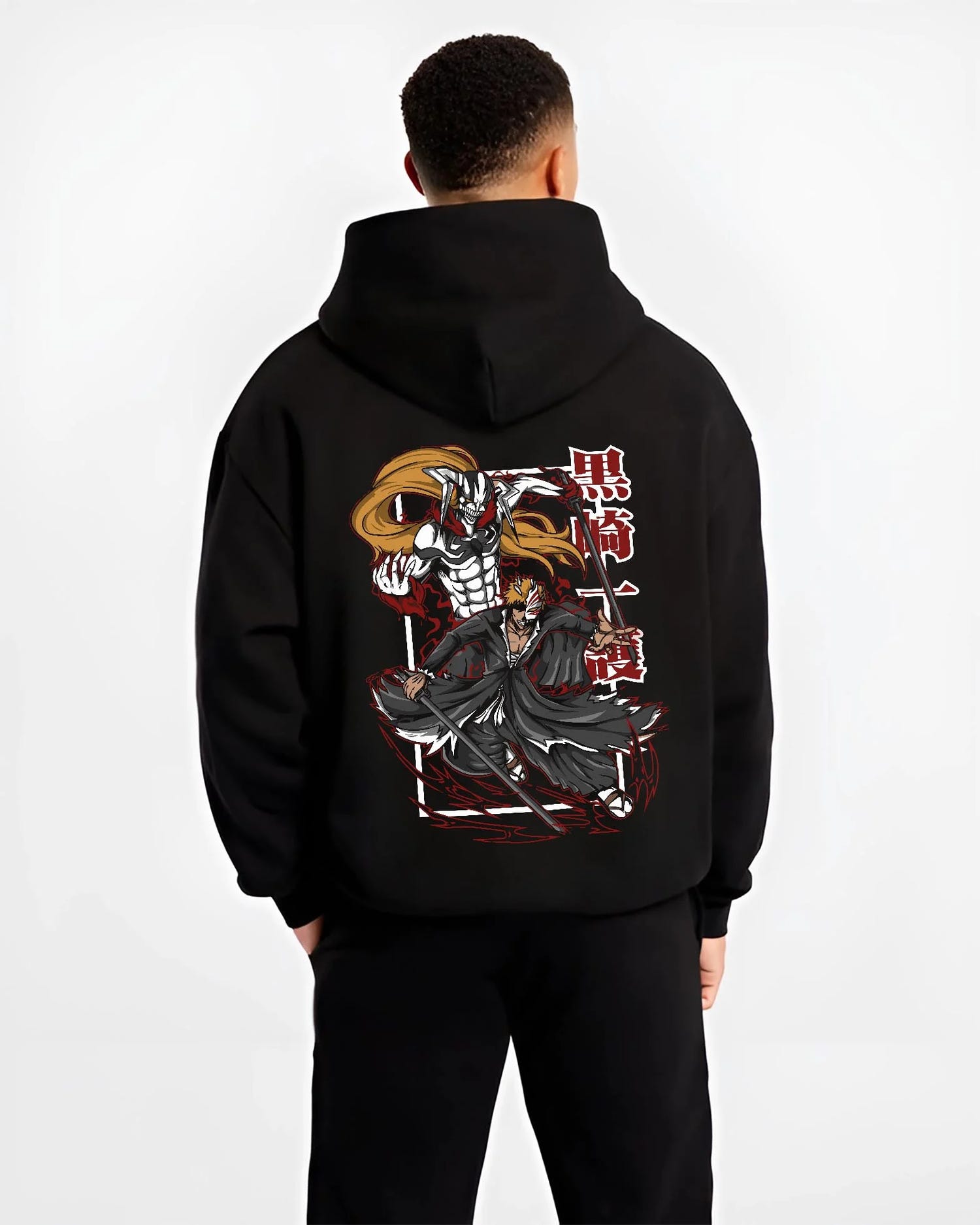 Black hoodie worn by male model, back view with Bleach Hoodie Espada Grimmjow Fierce Panther Rage graphic streetwear graphic.