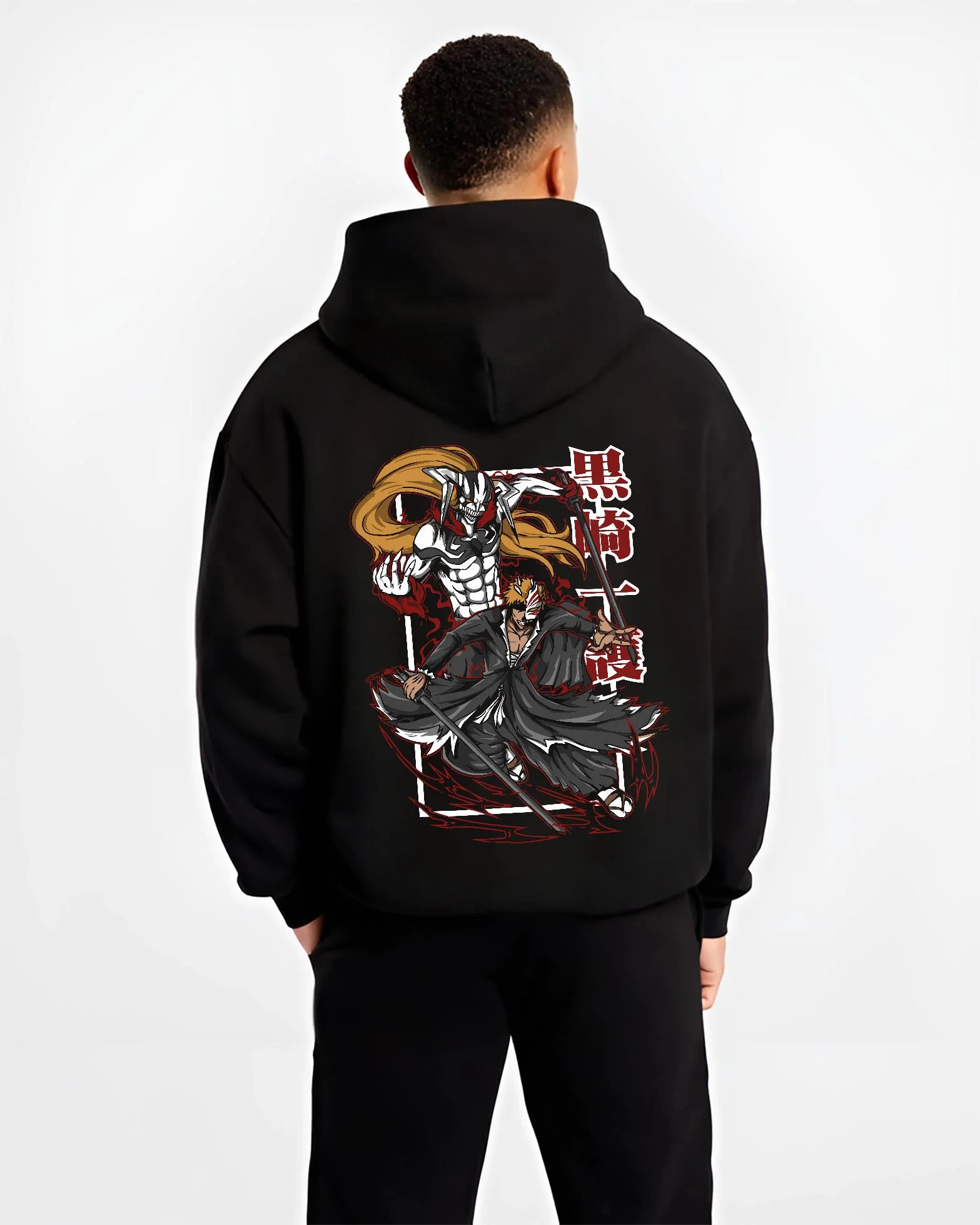 Black hoodie worn by male model, back view with Bleach Hoodie Espada Grimmjow Fierce Panther Rage graphic streetwear graphic.