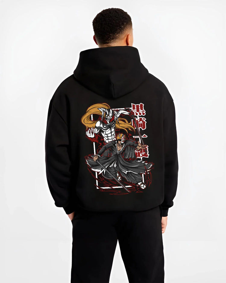 Black hoodie worn by male model, back view with Bleach Hoodie Espada Grimmjow Fierce Panther Rage graphic streetwear graphic.