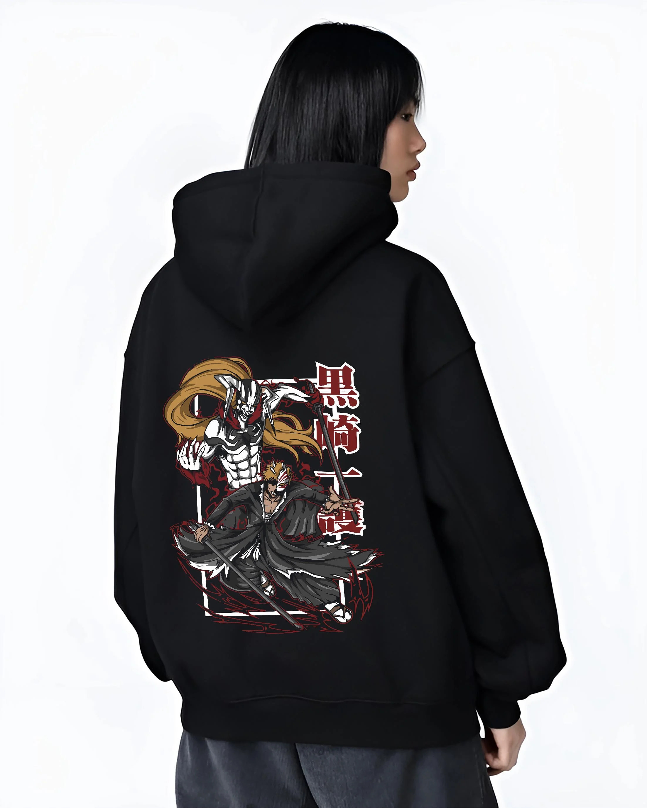 Black hoodie worn by female model, back view with Bleach Hoodie Espada Grimmjow Fierce Panther Rage graphic premium wear.