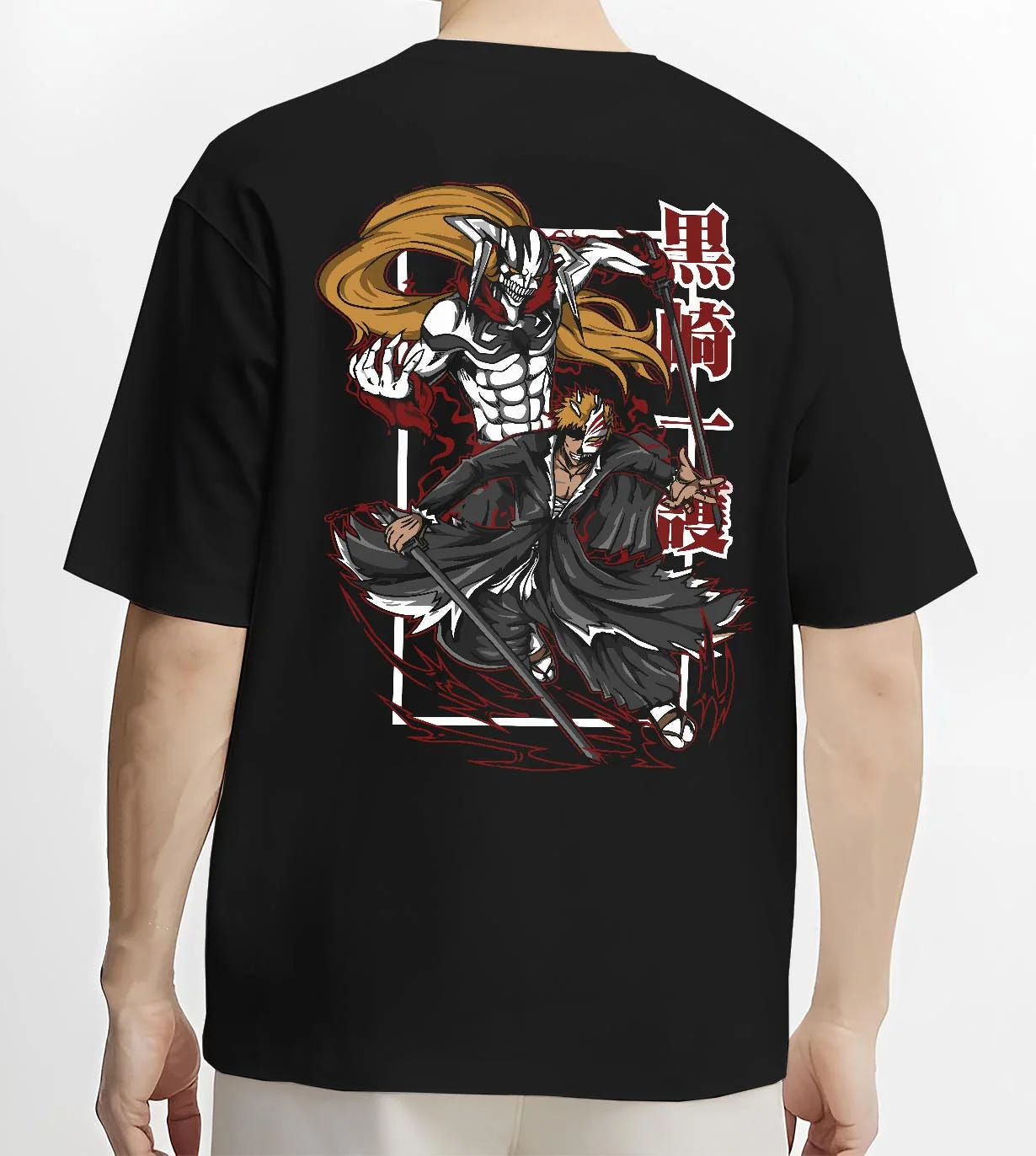 Black T-shirt worn by male model, back view with Bleach Hoodie Espada Grimmjow Fierce Panther Rage graphic bold anime graphic.