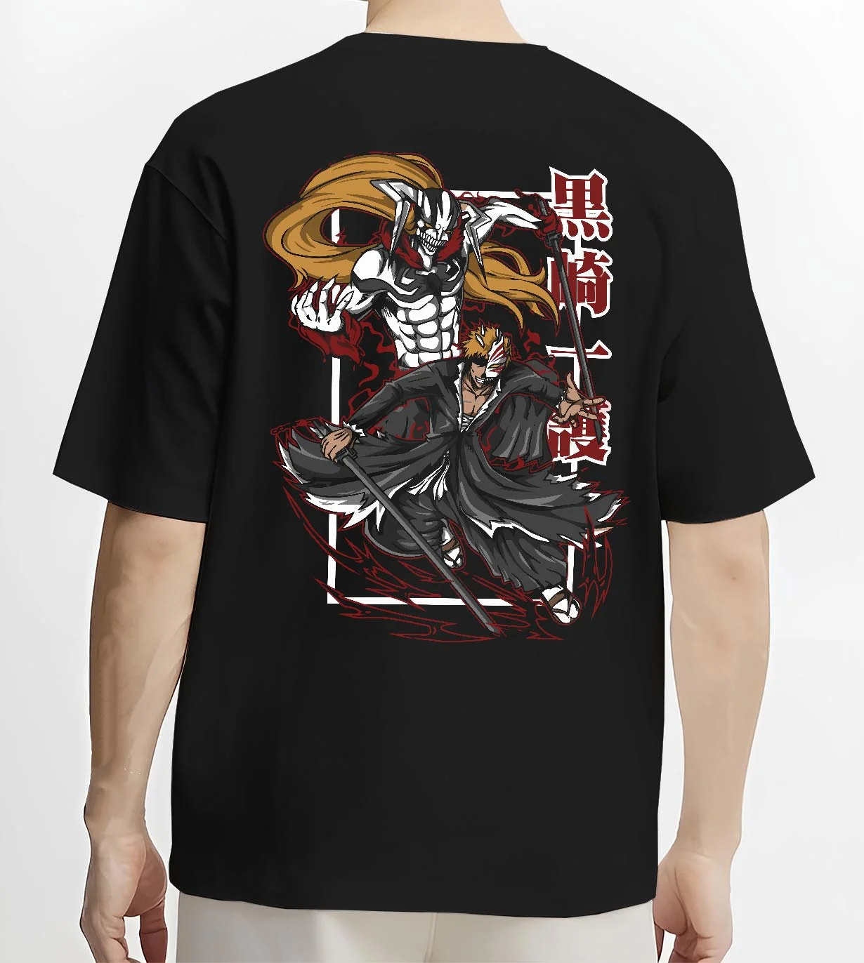 Black T-shirt worn by male model, back view with Bleach Hoodie Espada Grimmjow Fierce Panther Rage graphic bold anime graphic.
