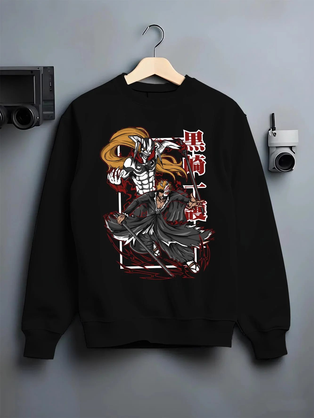 Black crewneck sweatshirt on hanger with Bleach Hoodie Espada Grimmjow Fierce Panther Rage graphic streetwear graphic.