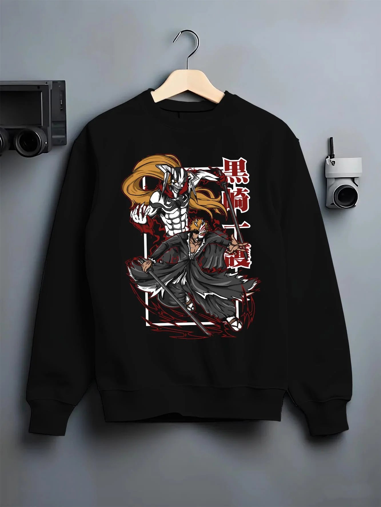 Black crewneck sweatshirt on hanger with Bleach Hoodie Espada Grimmjow Fierce Panther Rage graphic streetwear graphic.