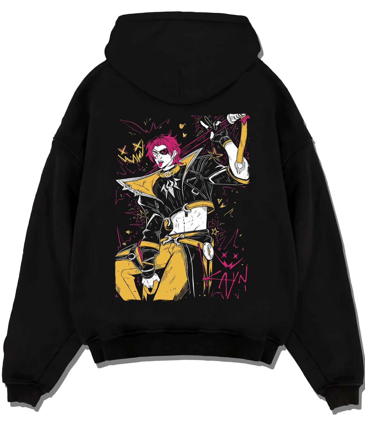 Black hoodie flat back view showing HEARTSTEEL Kayn from League of Legends: League of Legends music skin