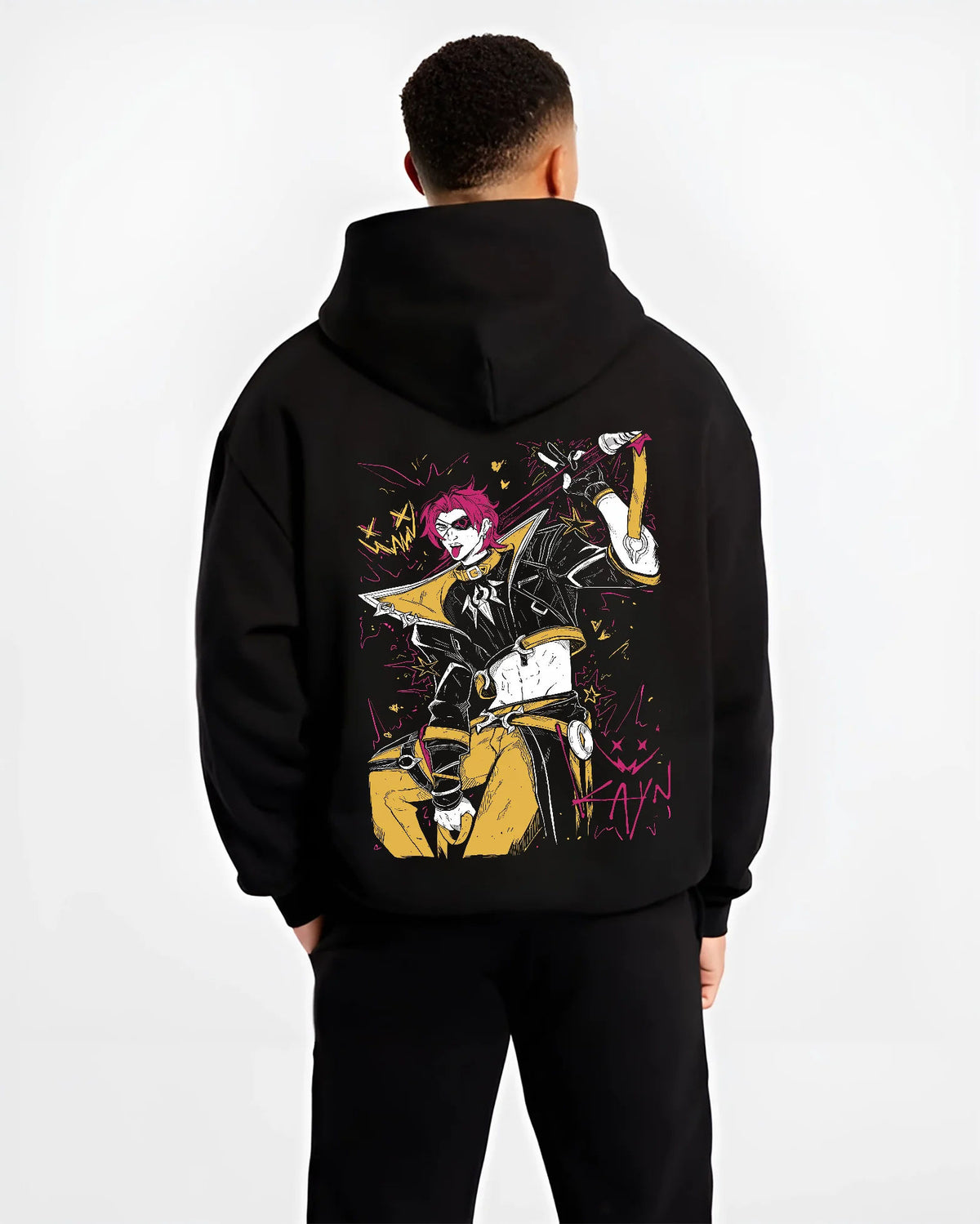 Black hoodie model back view showing HEARTSTEEL Kayn from League of Legends: League of Legends music skin