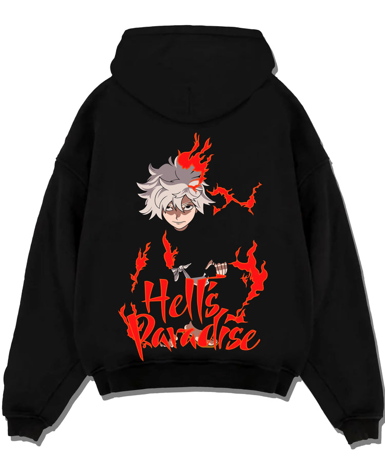 Black pullover hoodie laid flat with Hell’s Paradise Hoodie Gabimaru Action Pose Jumper graphic premium wear.