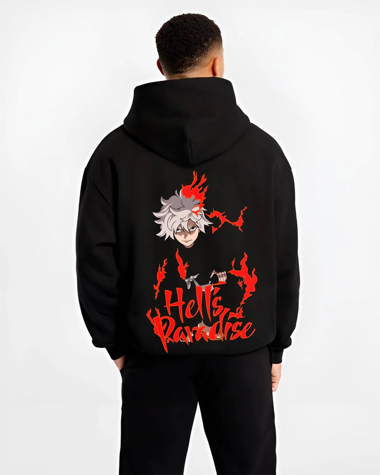 Black hoodie worn by male model, back view with Hell’s Paradise Hoodie Gabimaru Action Pose Jumper graphic bold anime graphic.