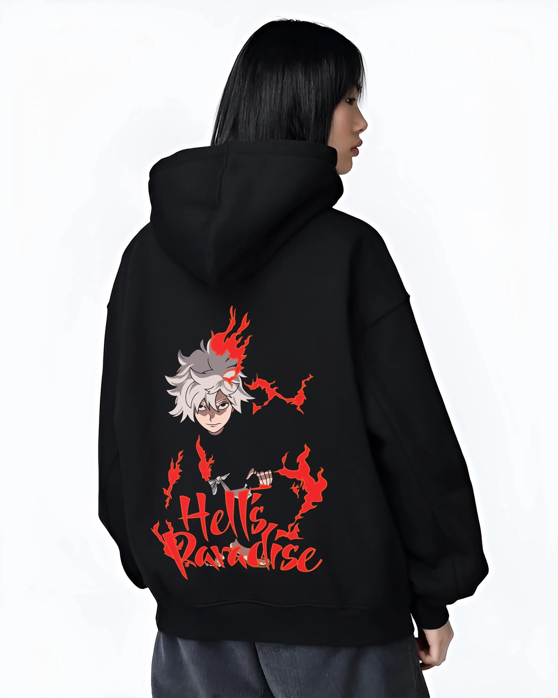 Black hoodie worn by female model, back view with Hell’s Paradise Hoodie Gabimaru Action Pose Jumper graphic streetwear graphic.