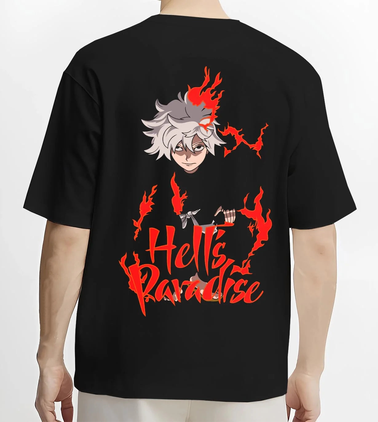 Black T-shirt worn by male model, back view with Hell’s Paradise Hoodie Gabimaru Action Pose Jumper graphic bold anime graphic.