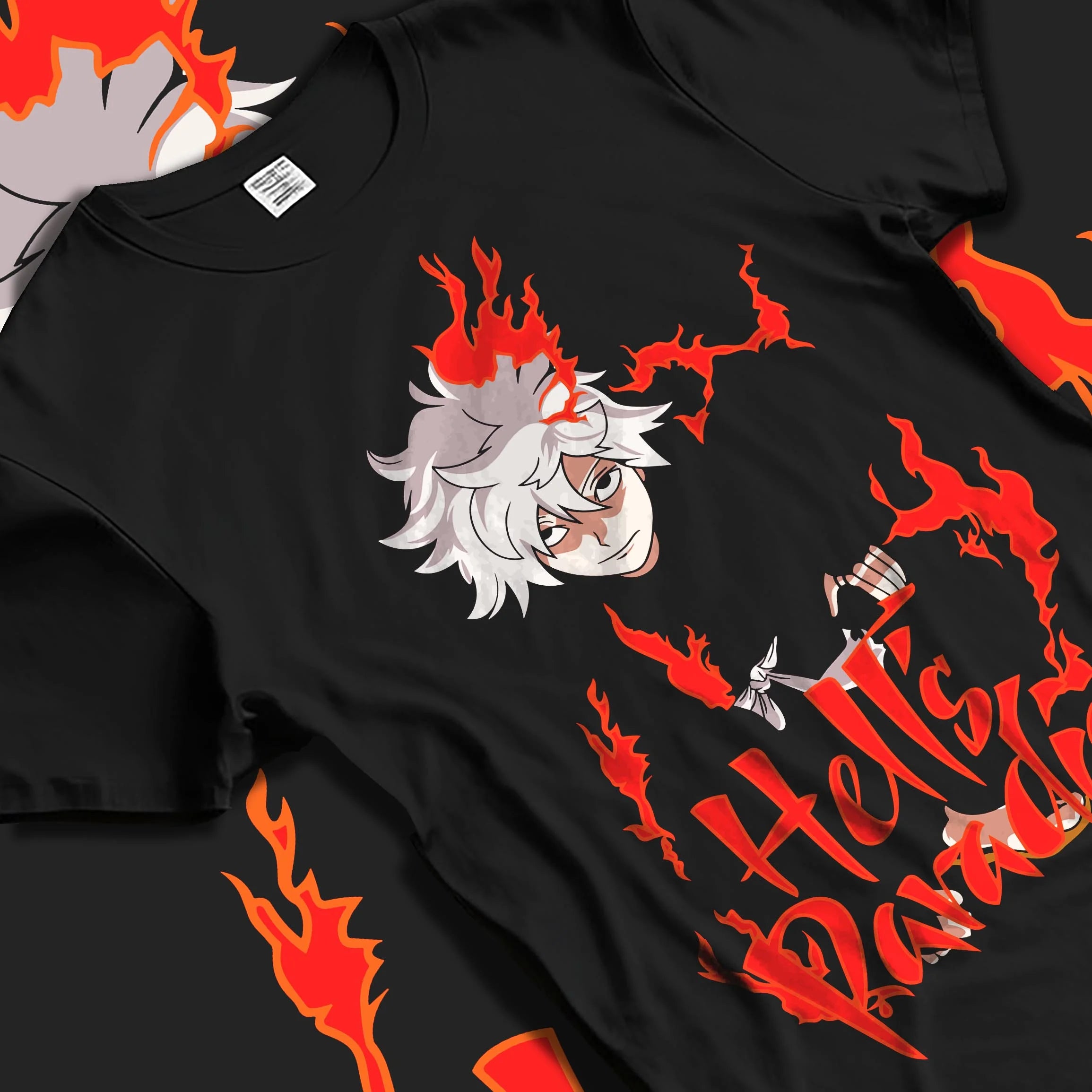 Black T-shirt laid flat with natural folds with Hell’s Paradise Hoodie Gabimaru Action Pose Jumper graphic streetwear graphic.