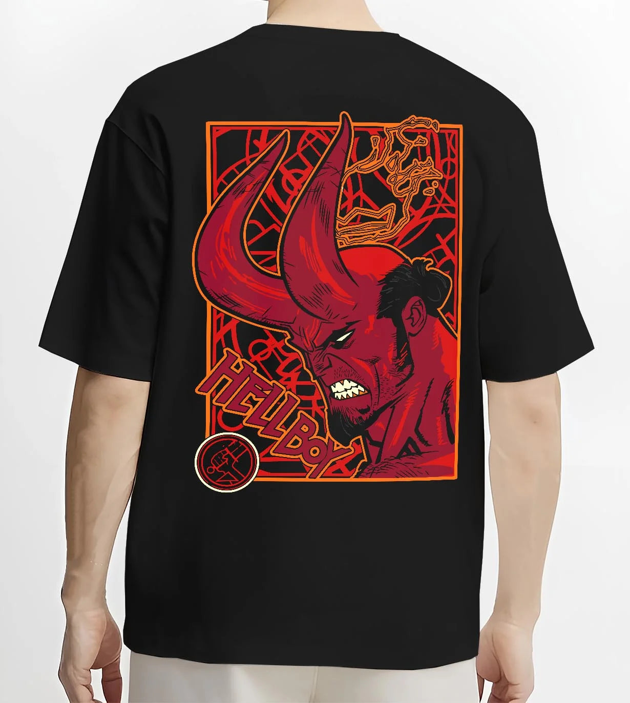 Black T-shirt worn by male model, back view with Hellboy Hoodie Classic Comic Dark Hero Jumper graphic bold anime graphic.