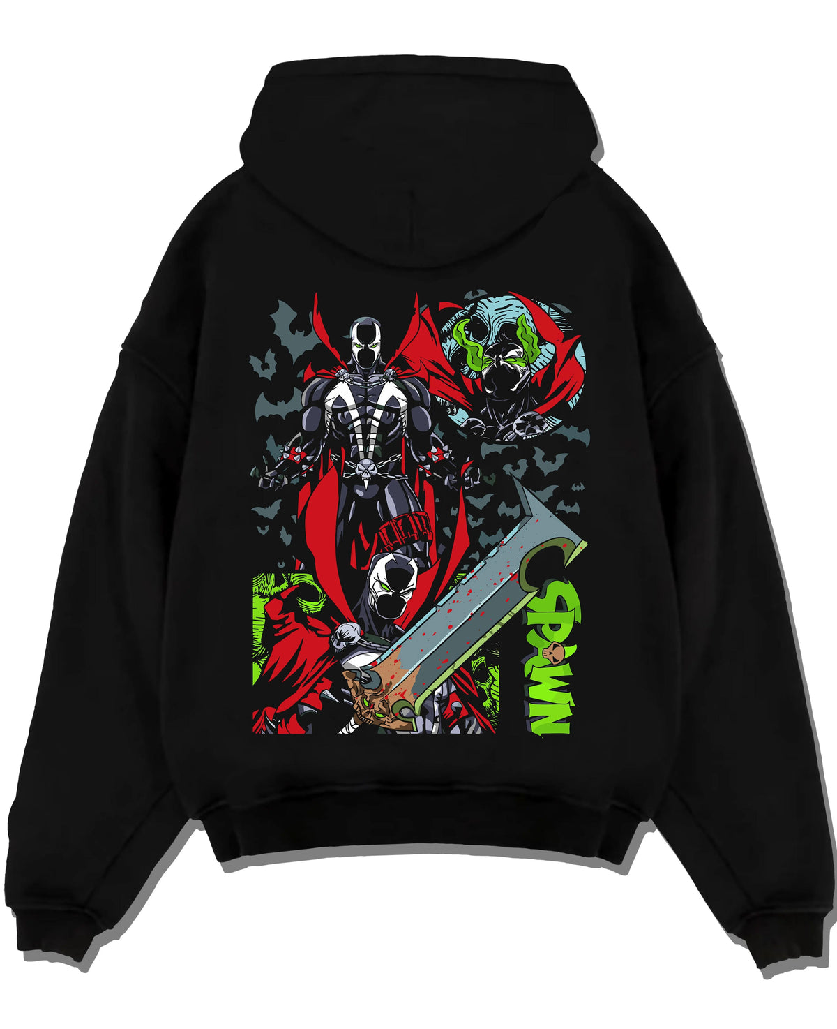 Black hoodie laid flat featuring Spawn Hellspawn chains dark antihero artwork.