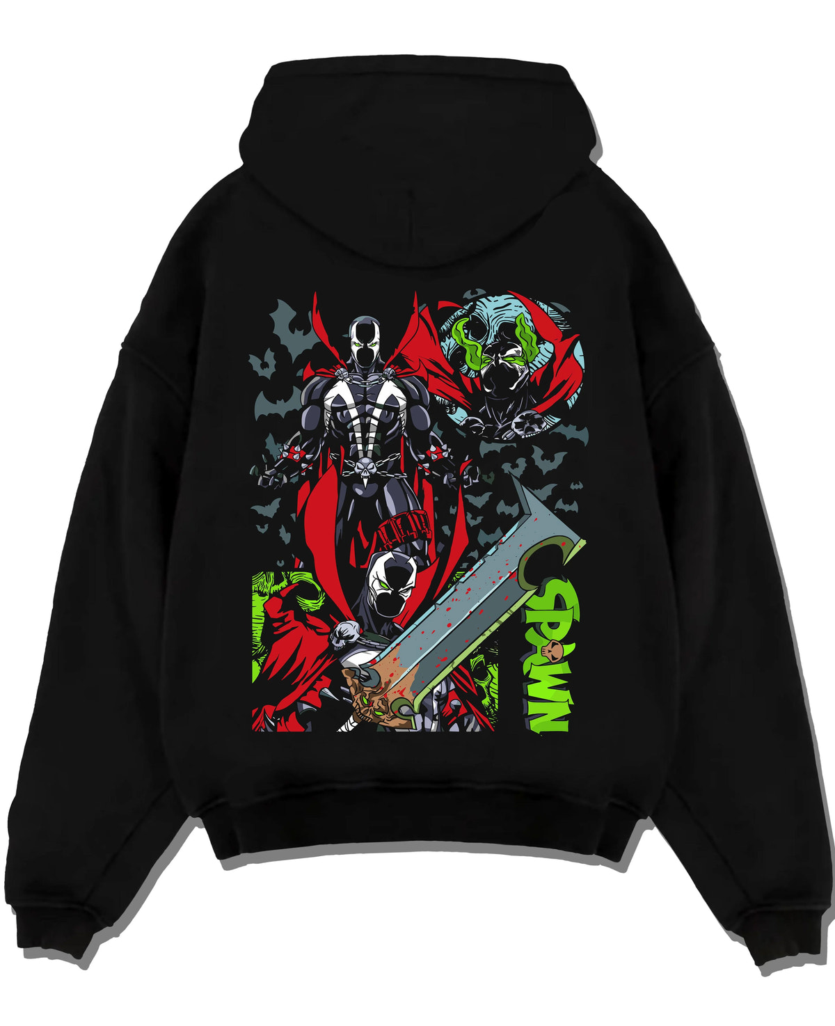 Black hoodie laid flat featuring Spawn Hellspawn chains dark antihero artwork.
