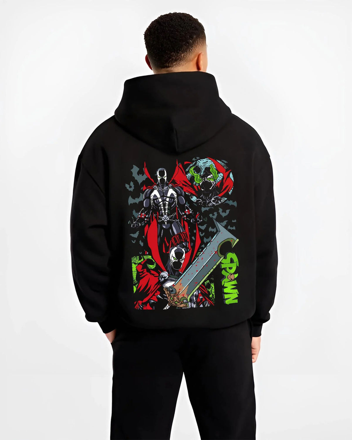 Black hoodie worn by male model from the back featuring Spawn Hellspawn chains dark antihero artwork.