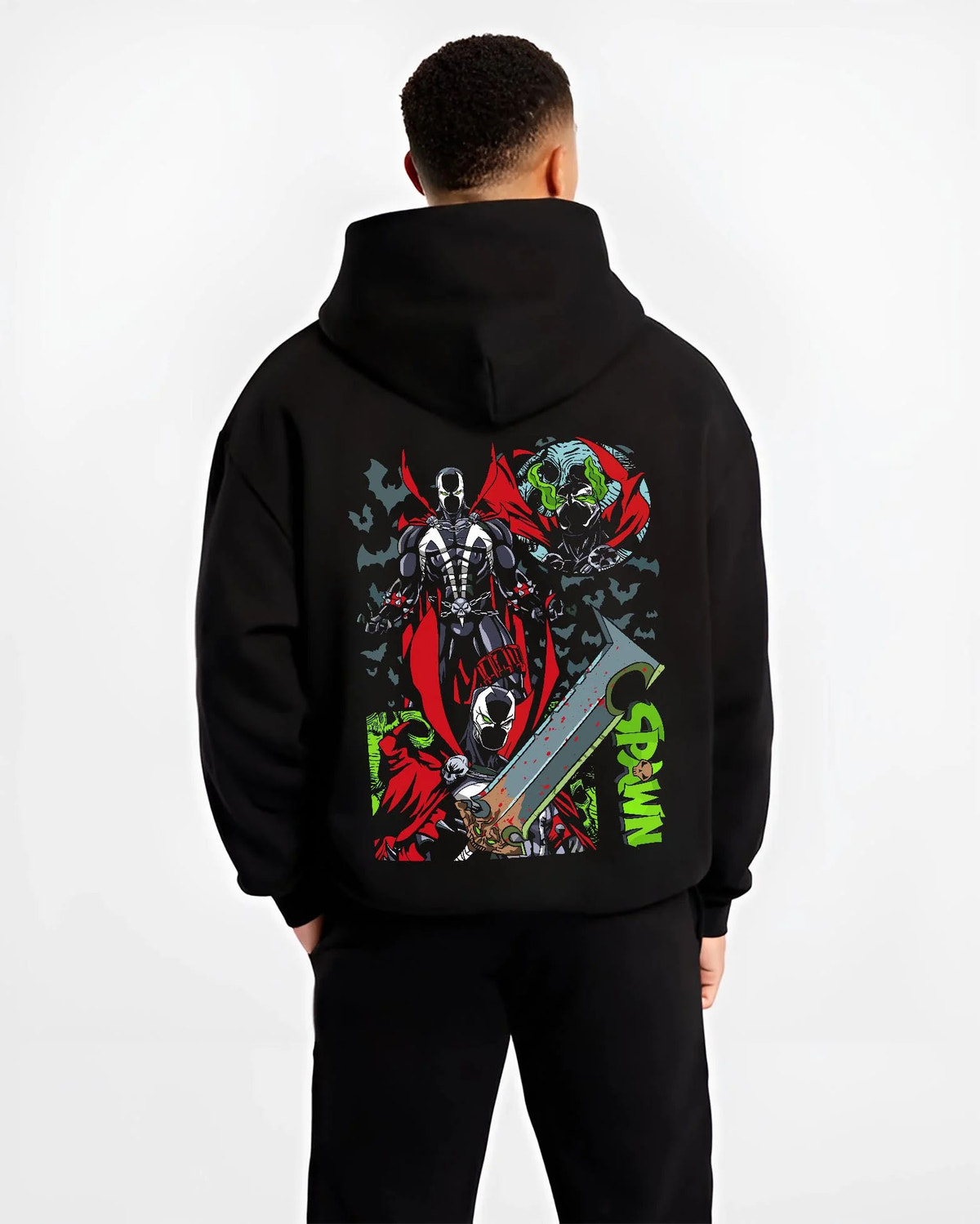 Black hoodie worn by male model from the back featuring Spawn Hellspawn chains dark antihero artwork.