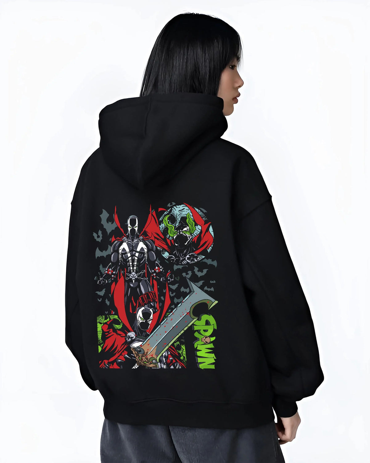 Black hoodie worn by female model from the back featuring Spawn Hellspawn chains dark antihero artwork.
