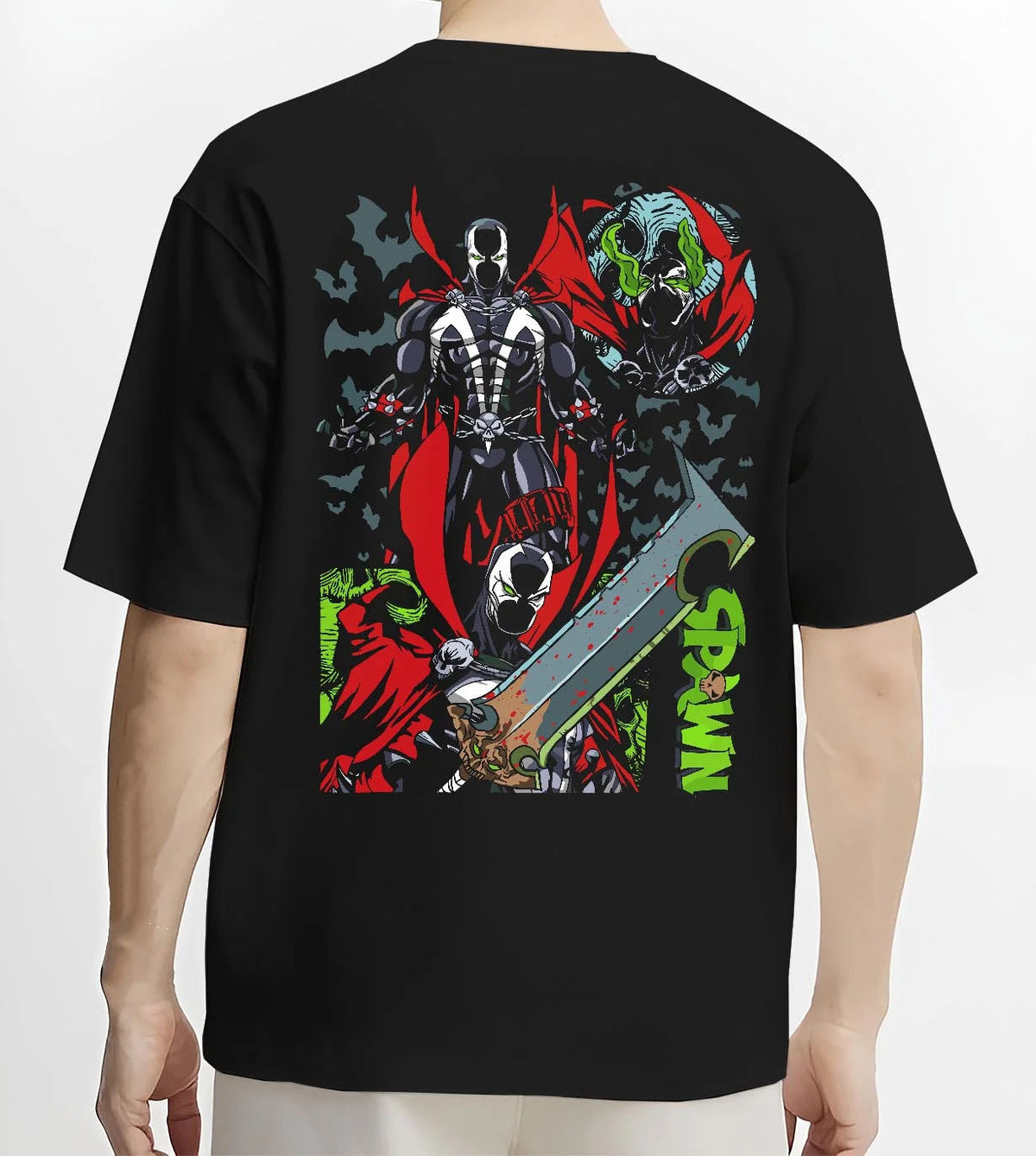 Black T-shirt worn by male model from the back featuring Spawn Hellspawn chains dark antihero artwork.