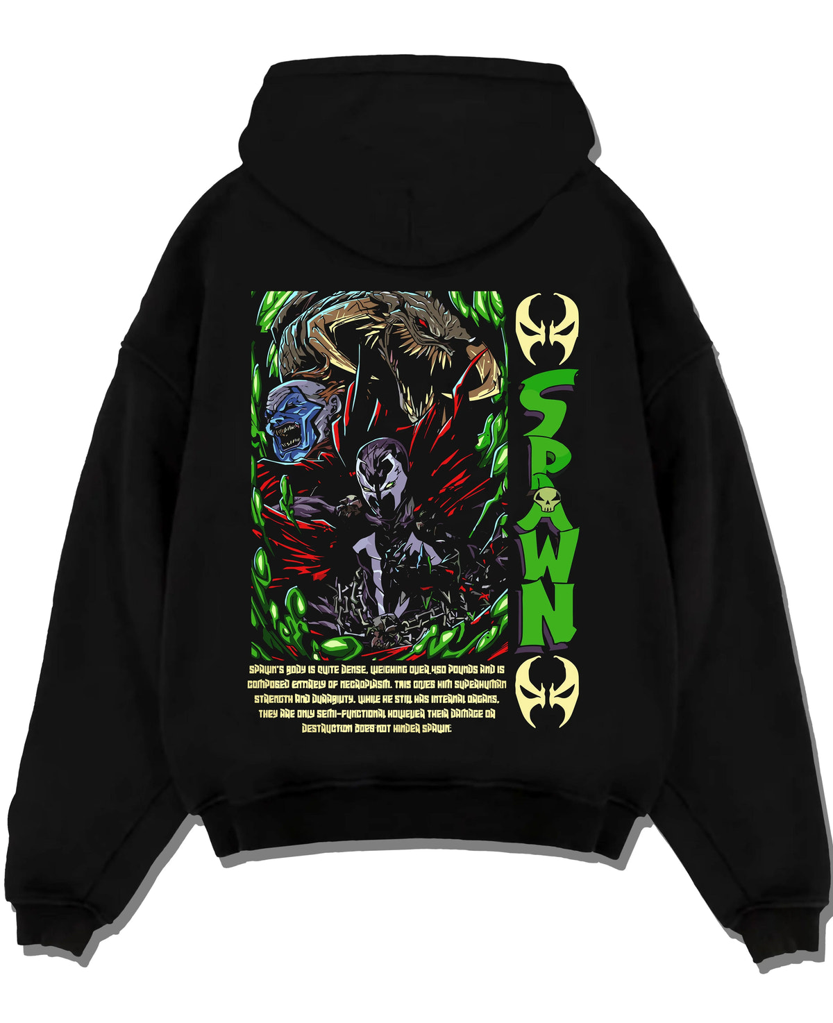 Black hoodie laid flat featuring Spawn Hellspawn green energy artwork.